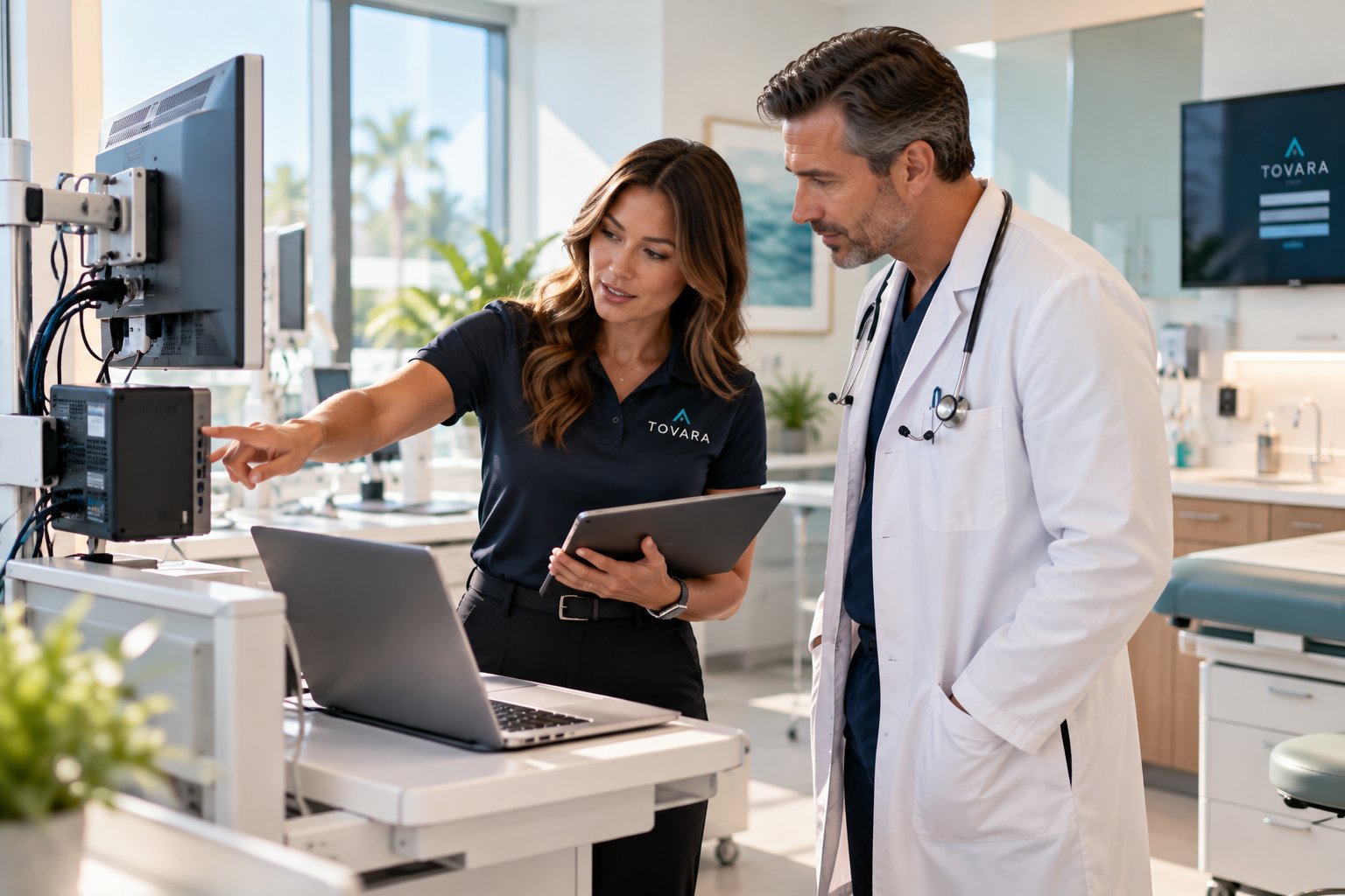 Tovara technology specialist reviewing clinical systems with a physician