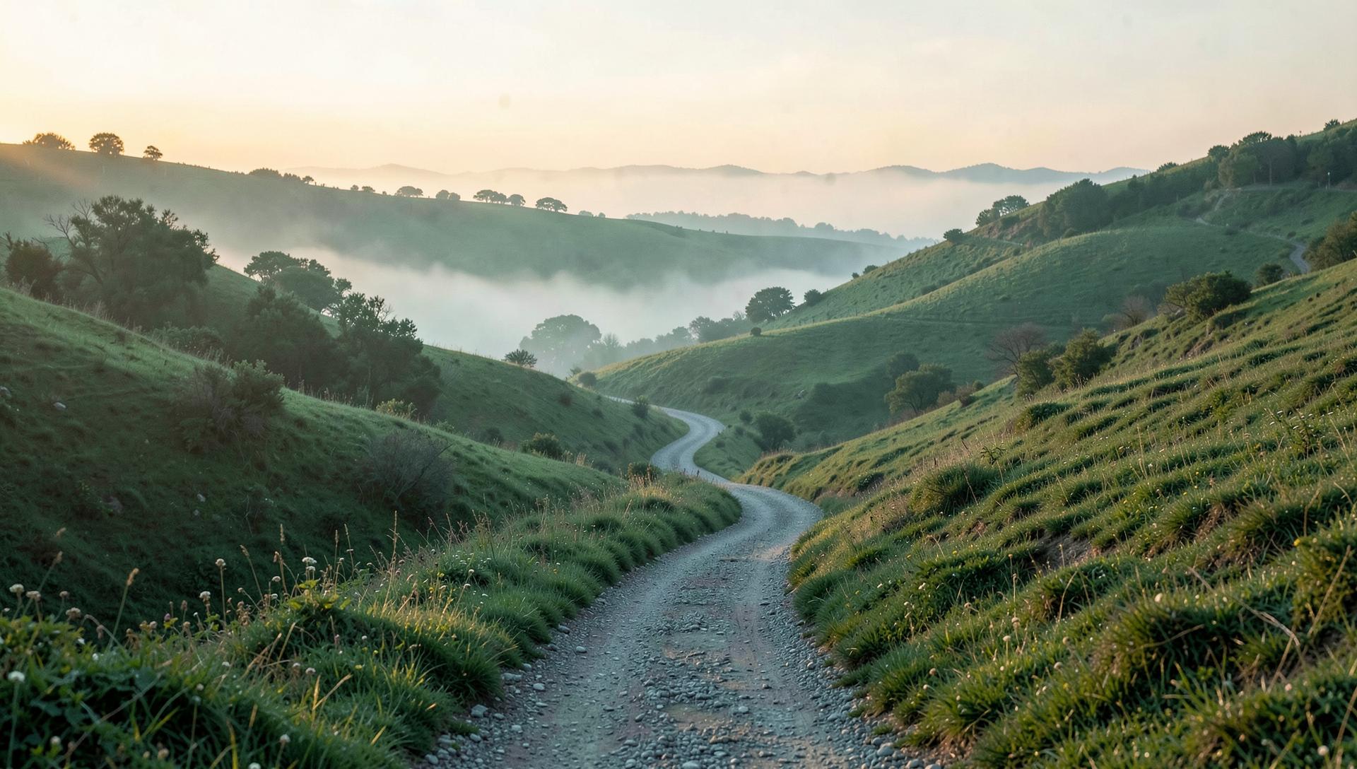Winding path through green hills at dawn