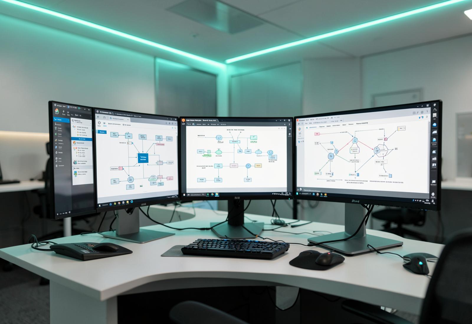 Technology workspace with system architecture displays