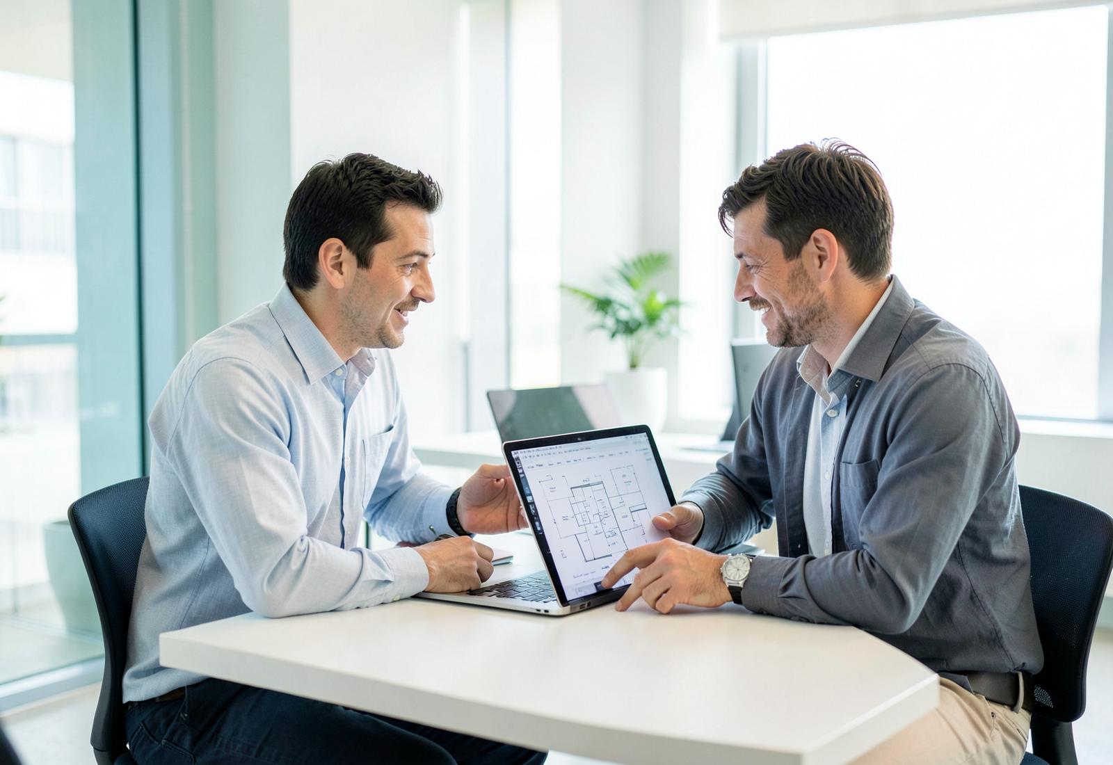 Two professionals reviewing project plans on a laptop