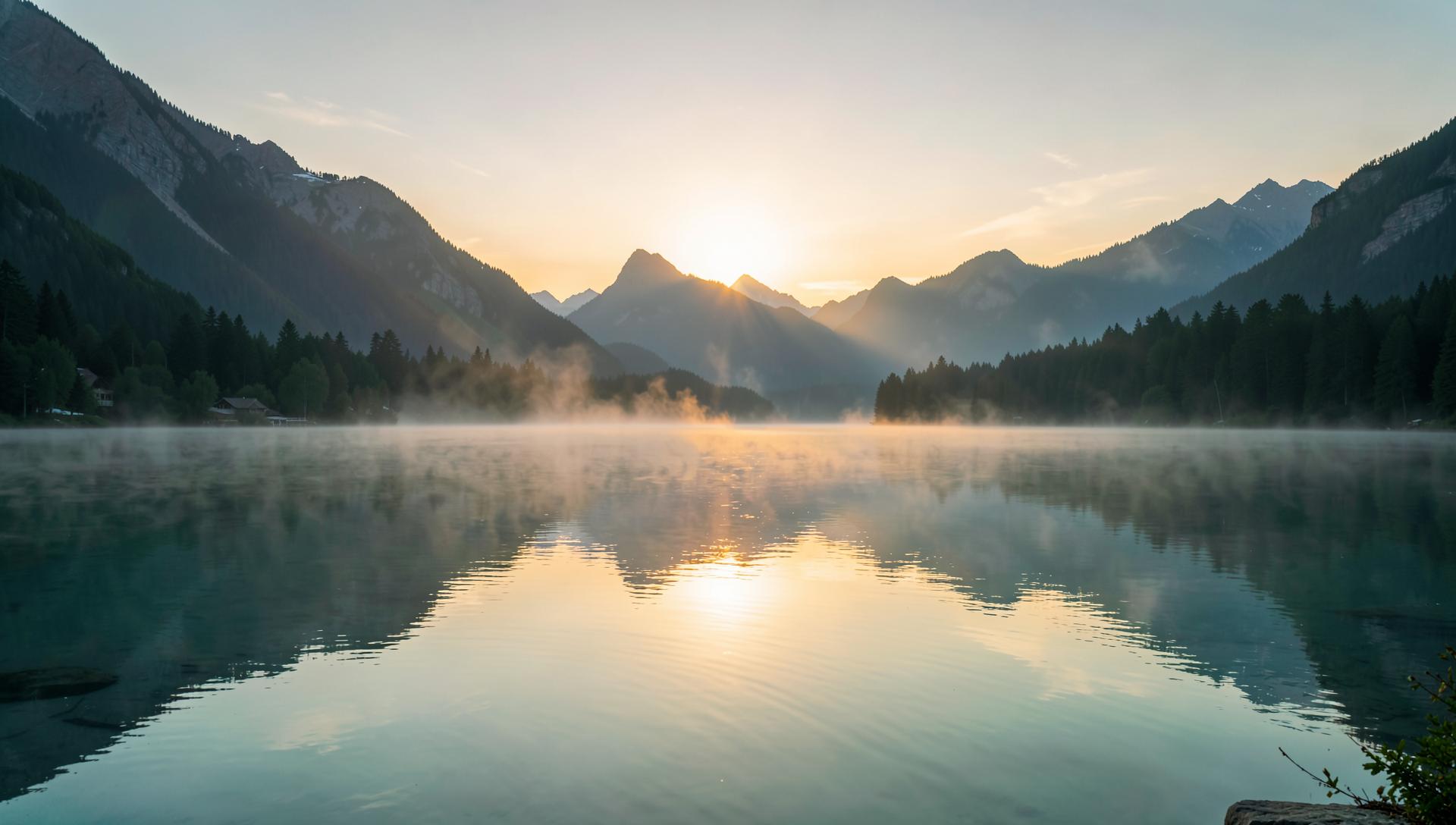 Sunrise over a calm mountain lake